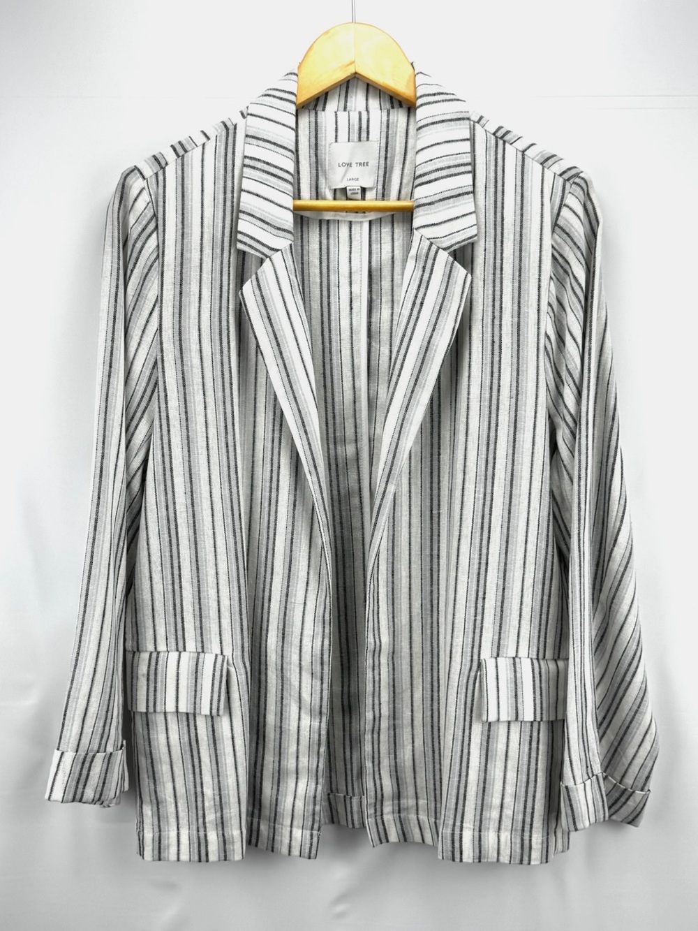 Women’s Striped Open Blazer Linen Blend Jacket in White, Gray, & Black